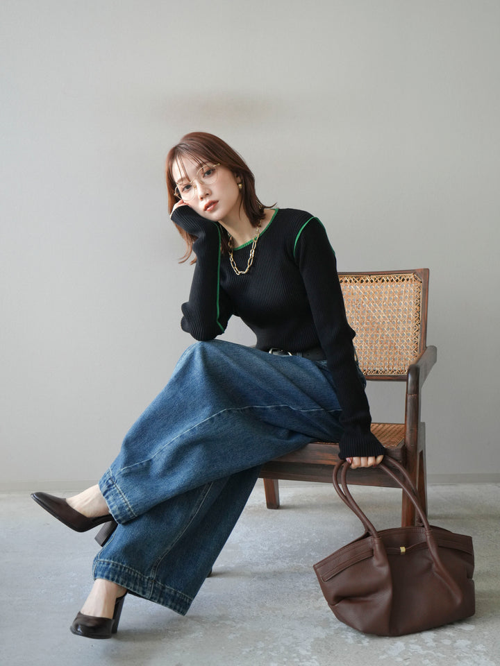 [予約]バイカラークルーネックリブニットトップス/black