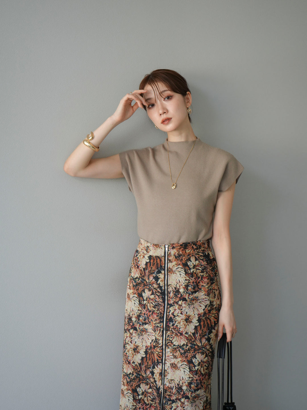 [SET]プチネックフレンチニットトップス+ゴブランフロントジップタイトスカート(2set)