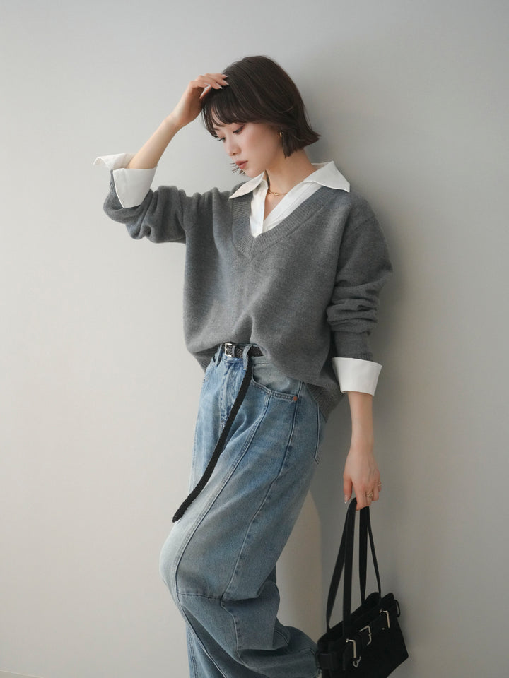 [予約]シャツドッキングVネックニットトップス/gray
