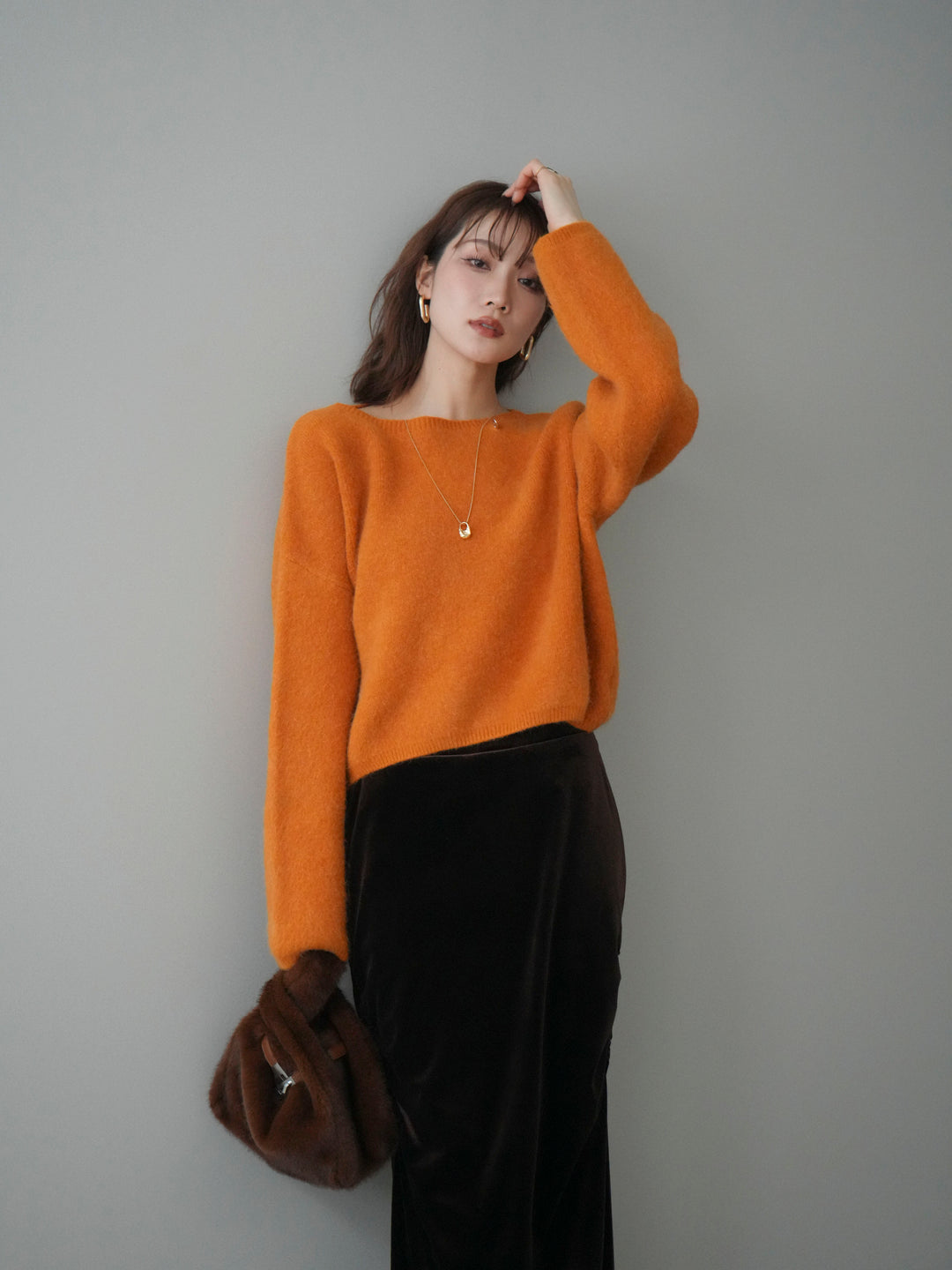 [予約]アンゴラタッチボートネッククロップドプルオーバー/orange
