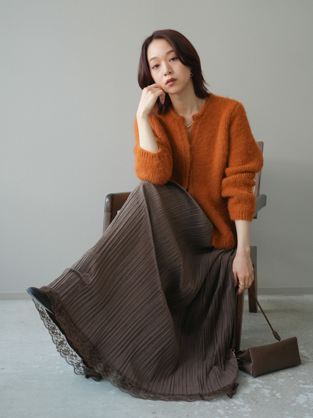 [予約]キーネックシャギーニットカーディガン/camel