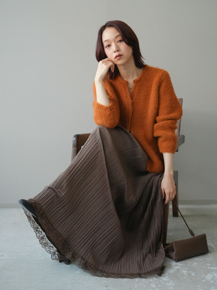 [予約]キーネックシャギーニットカーディガン/camel