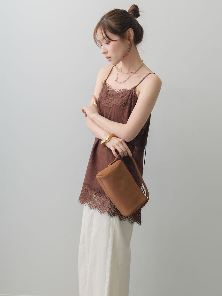 [予約]ワッシャーテクスチャーレーストリムキャミソール/brown