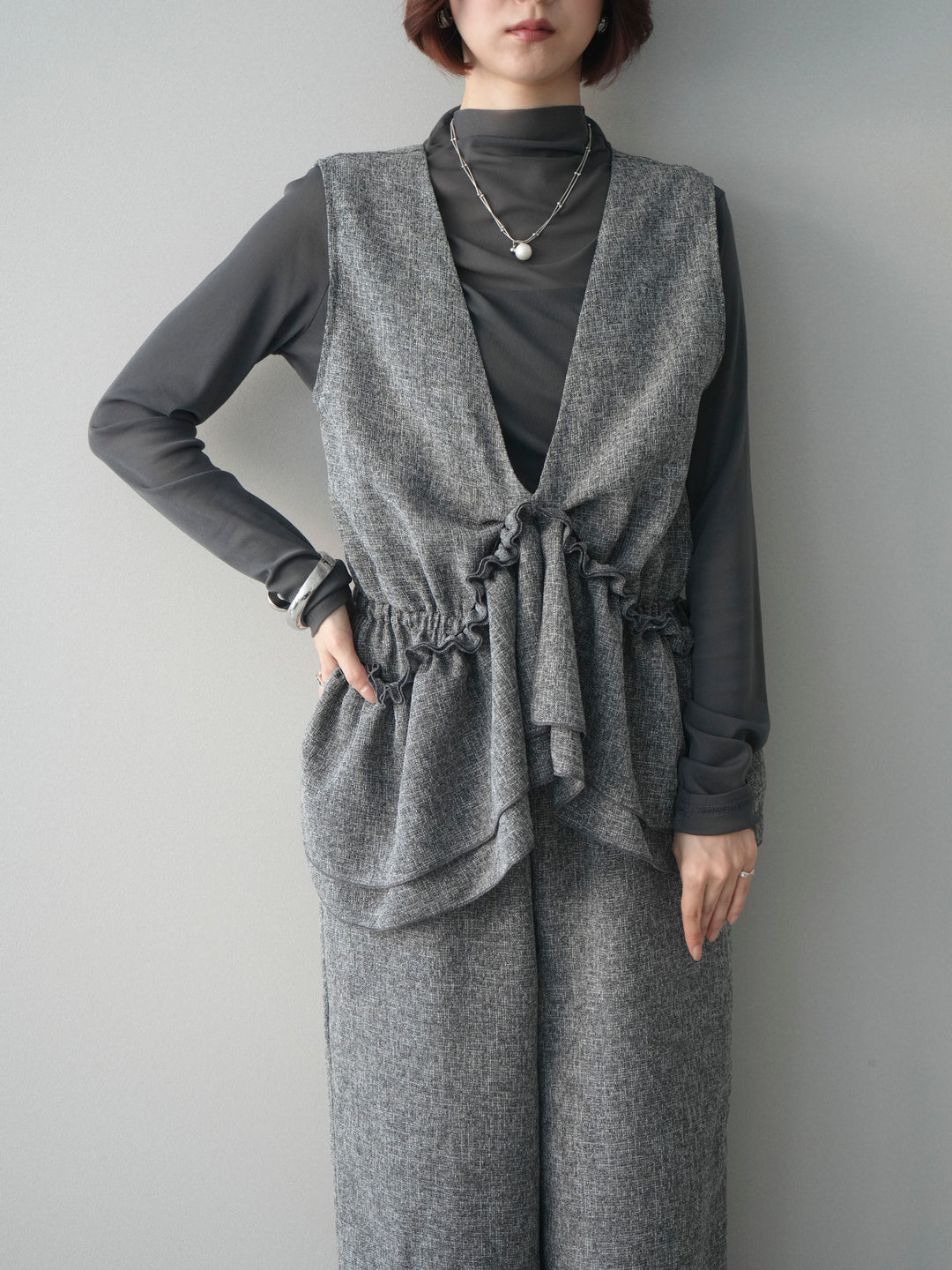 [SET]3WAYミックスツイードギャザーオールインワン+シアープチネックストレッチトップス(2set)