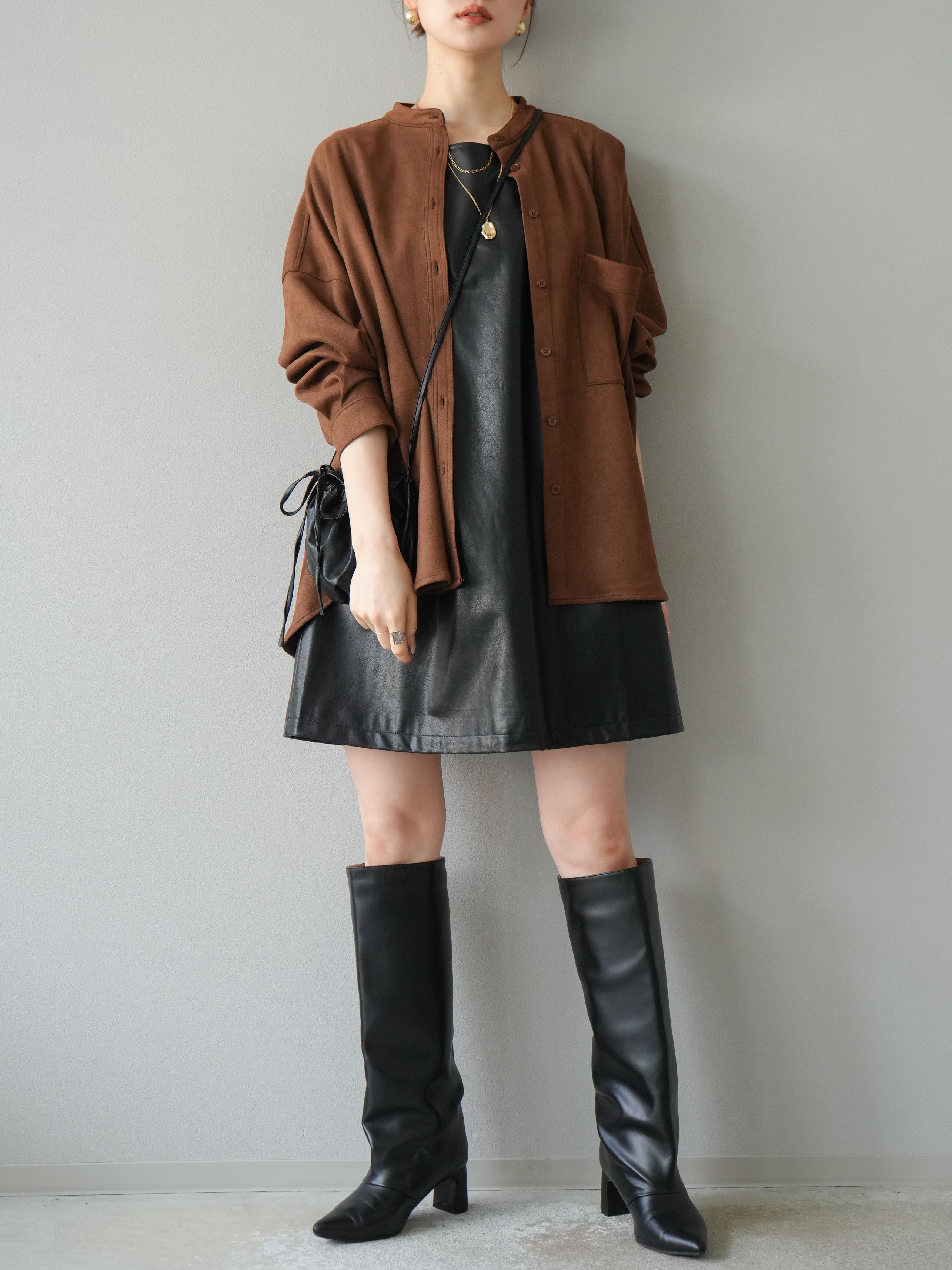 予約]スエードバンドカラーオーバーシャツ/ブラウン – Lumier