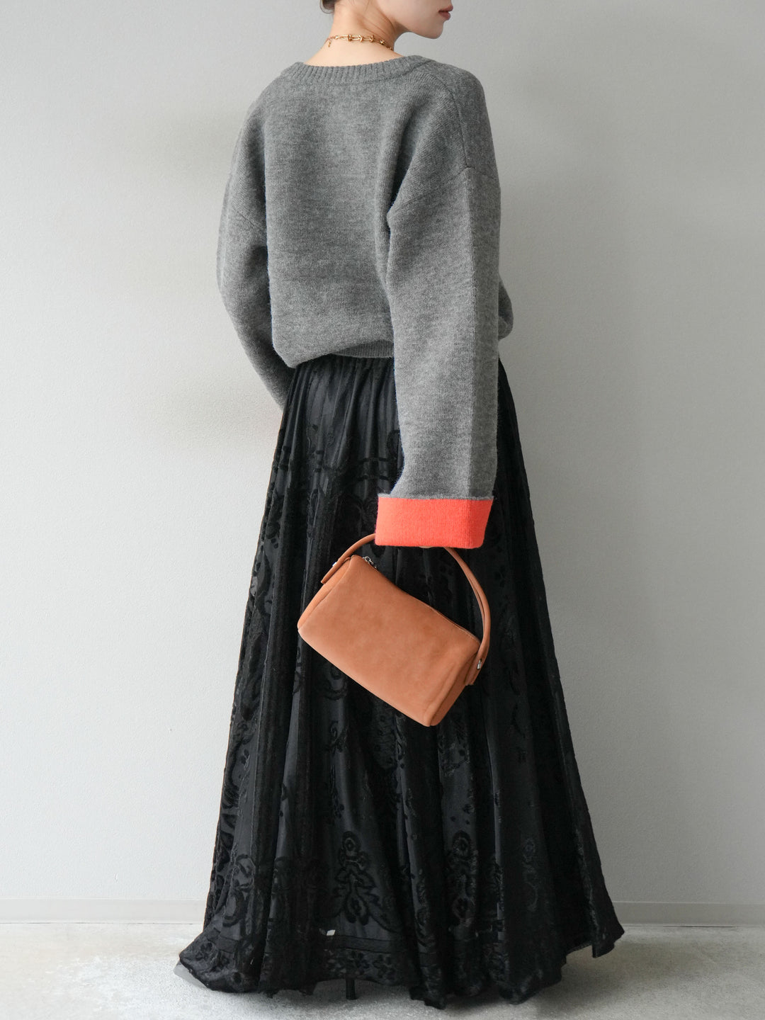 [SET]バイカラーオーバーニットカーディガン+アンティーク柄フロッキーマキシスカート(2set)