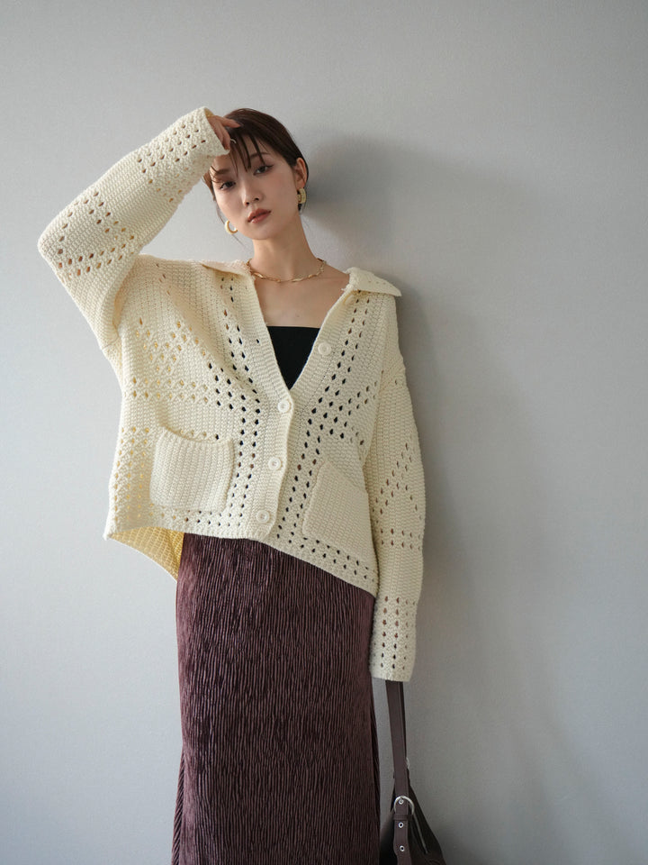 [予約]丸襟透かし編みニットカーディガン/オフ