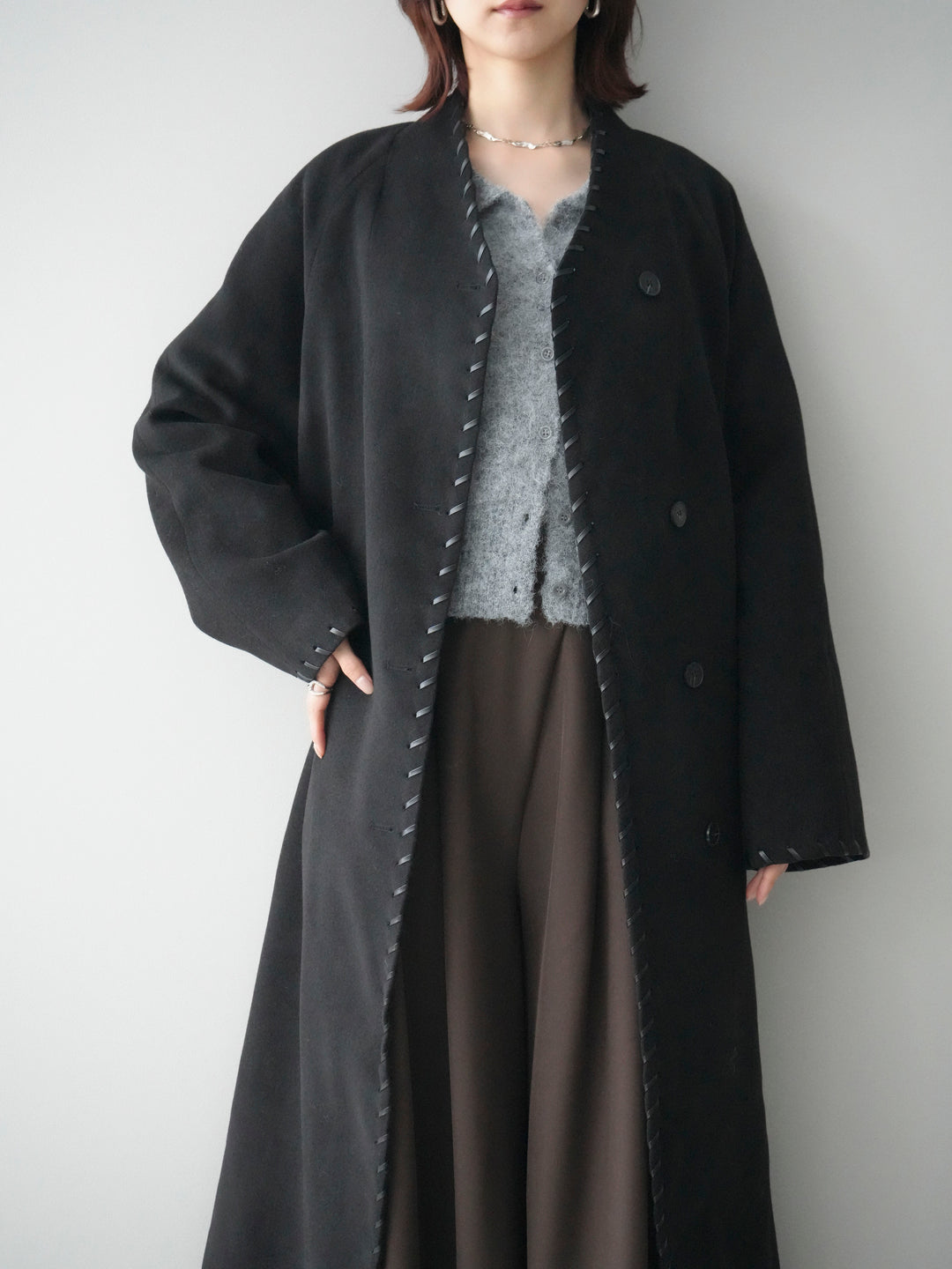 [SET]ハンドステッチ裏中綿ロングコート+テープベルトタックバギーパンツ(2set)