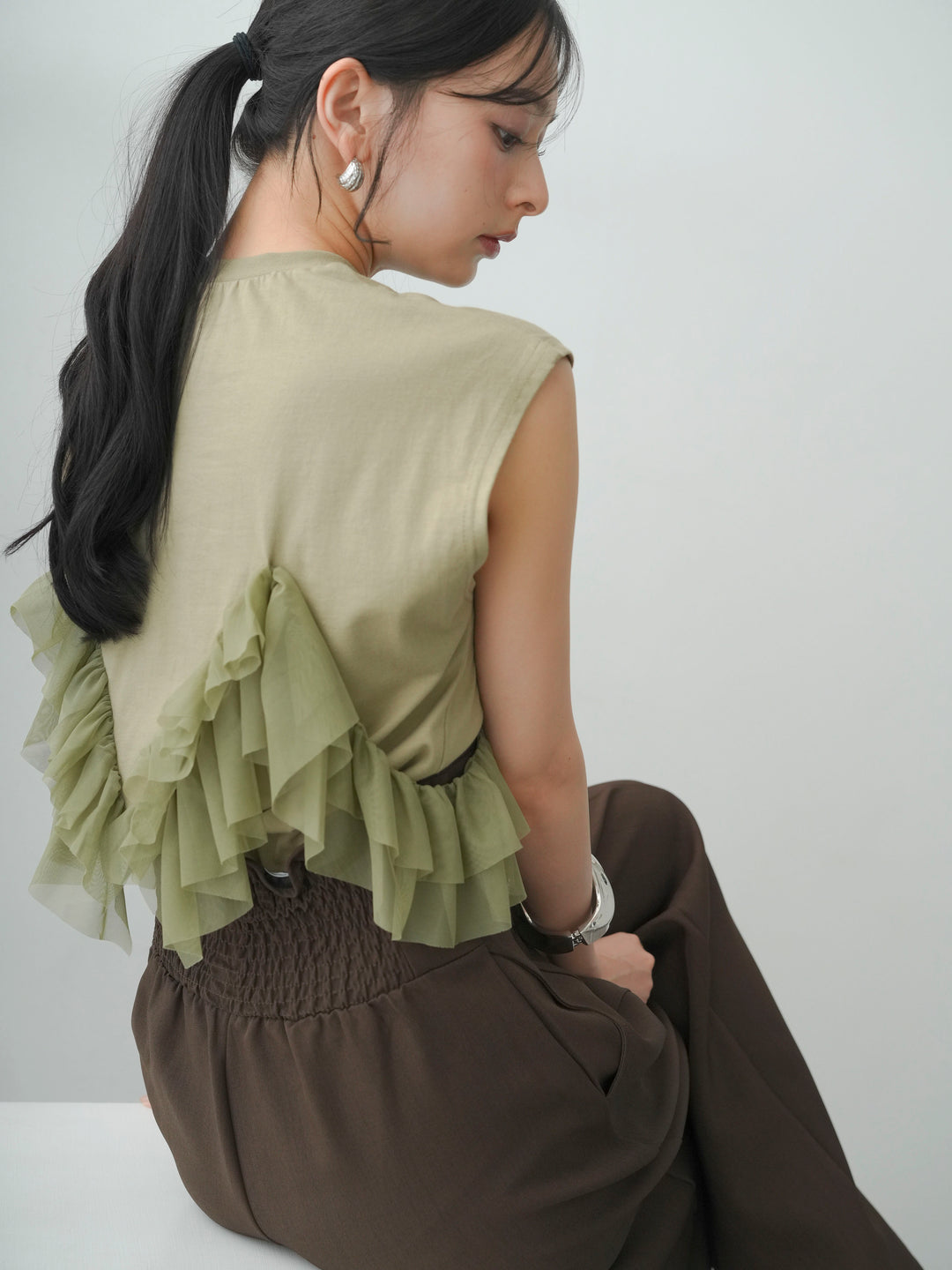 【套裝】多功能荷葉邊法式T卹+高腰弧形褲（兩件套）
