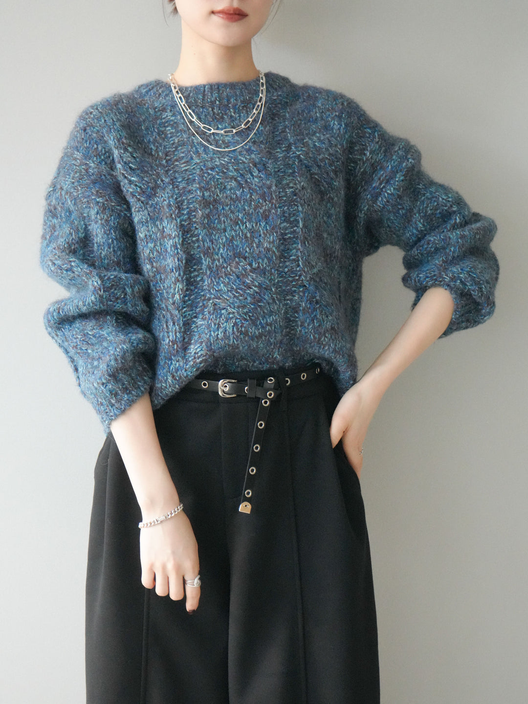 [予約]ワイドケーブルミックスニットプルオーバー/blue