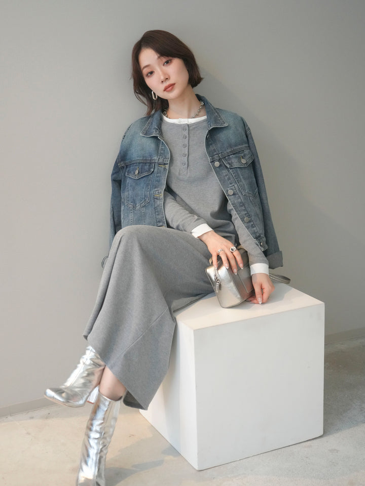 [SET]配色レイヤードヘンリーネックカットリブワンピース+配色ステッチデニムジャケット(2set)