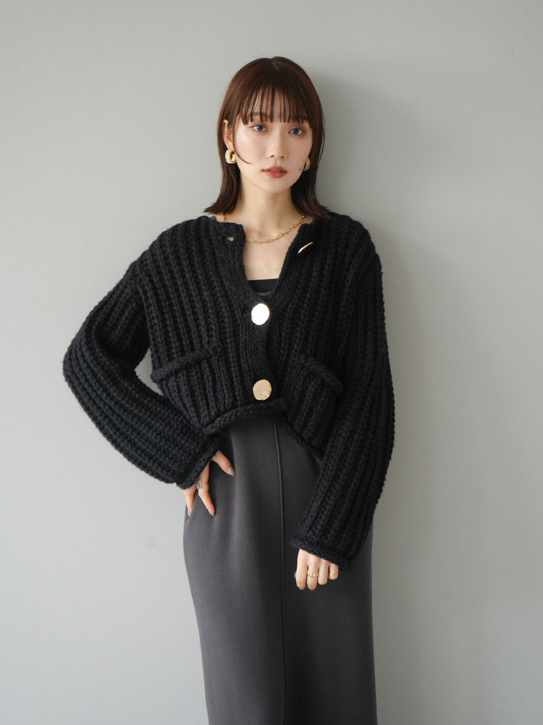 [預訂] 方領針織洋裝/炭灰