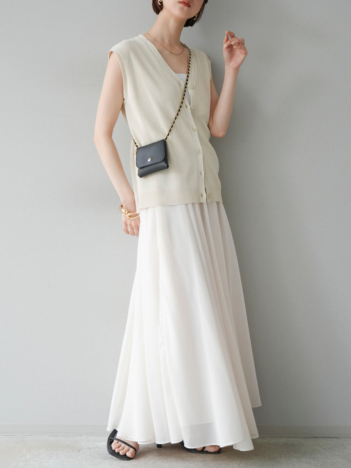 [SET] V領人造絲針織背心+雪紡喇叭裙（2件組）