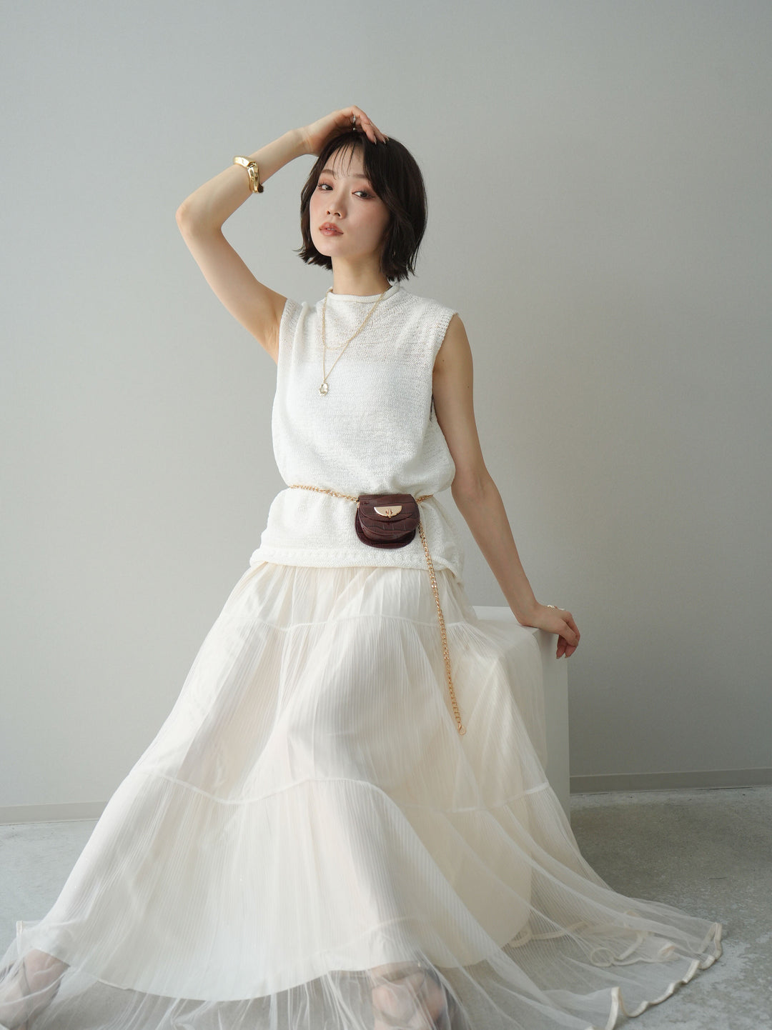 [予約]ノースリーブリネンタッチシアーニットプルオーバー/white