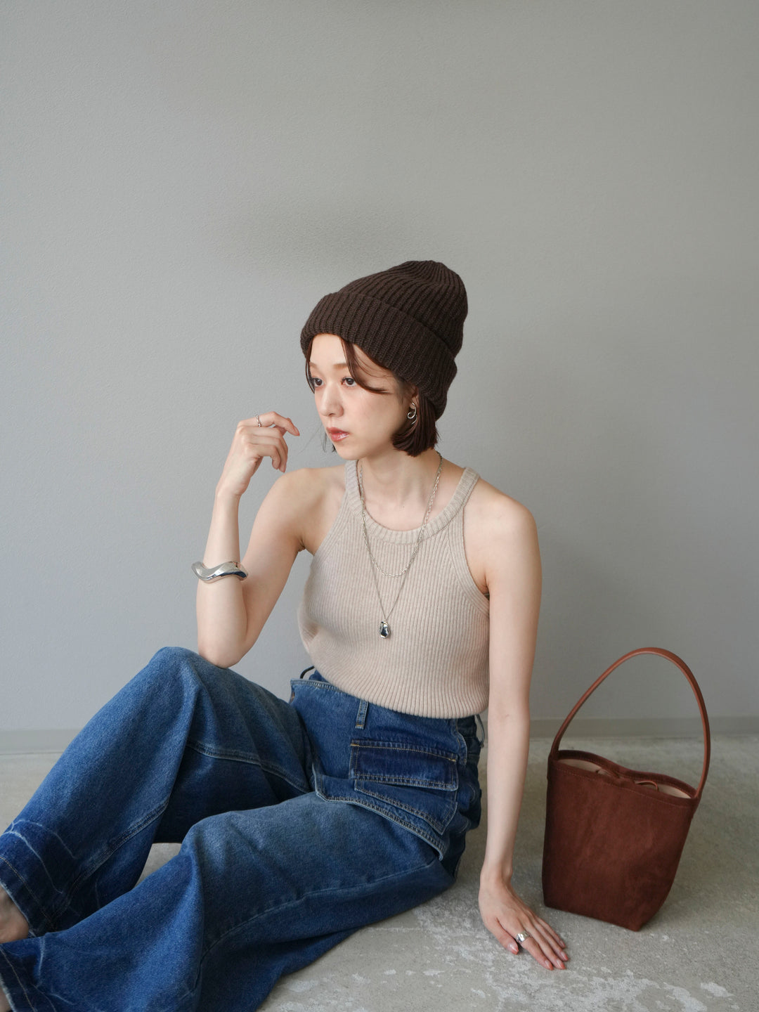 [予約]リブニットアメスリタンクトップ/ベージュ