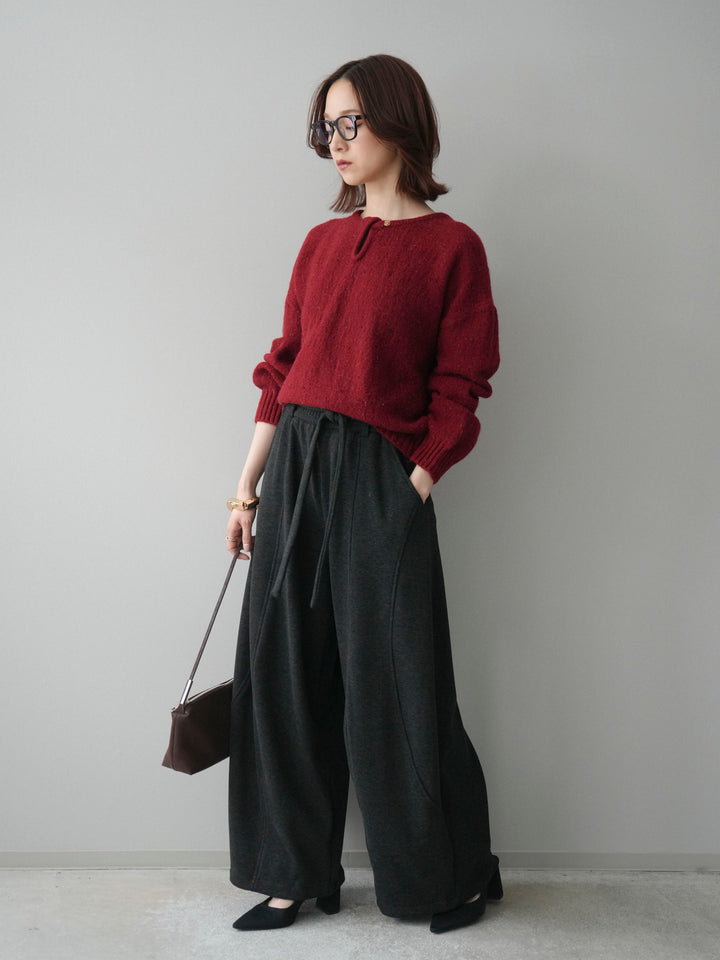[SET]ツイストネックラメネップヤーンニットプルオーバー+ウエストベルトカーブラインスエットパンツ(2set)