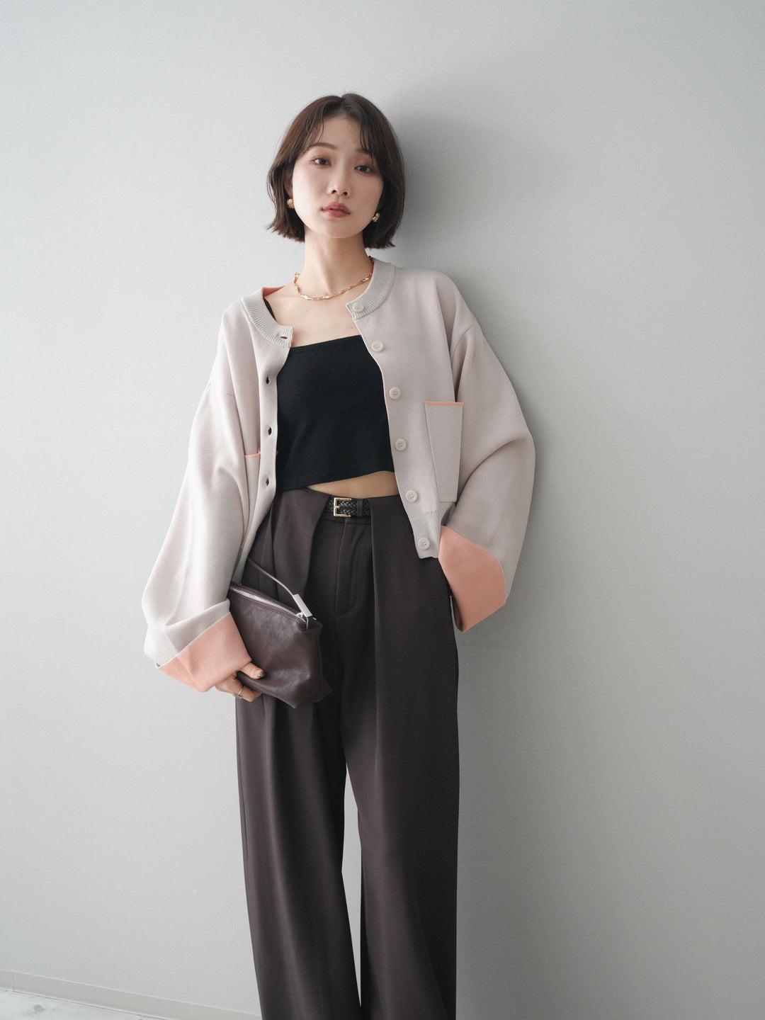 [SET]レーヨンポリダブルフェイスニットカーディガン+ベルトループデザインワイドパンツ(2set)