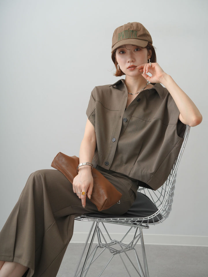 [SET]クレープデシンランタンノースリシャツ+クレープデシンフラップ付きストレートスカート(2set)