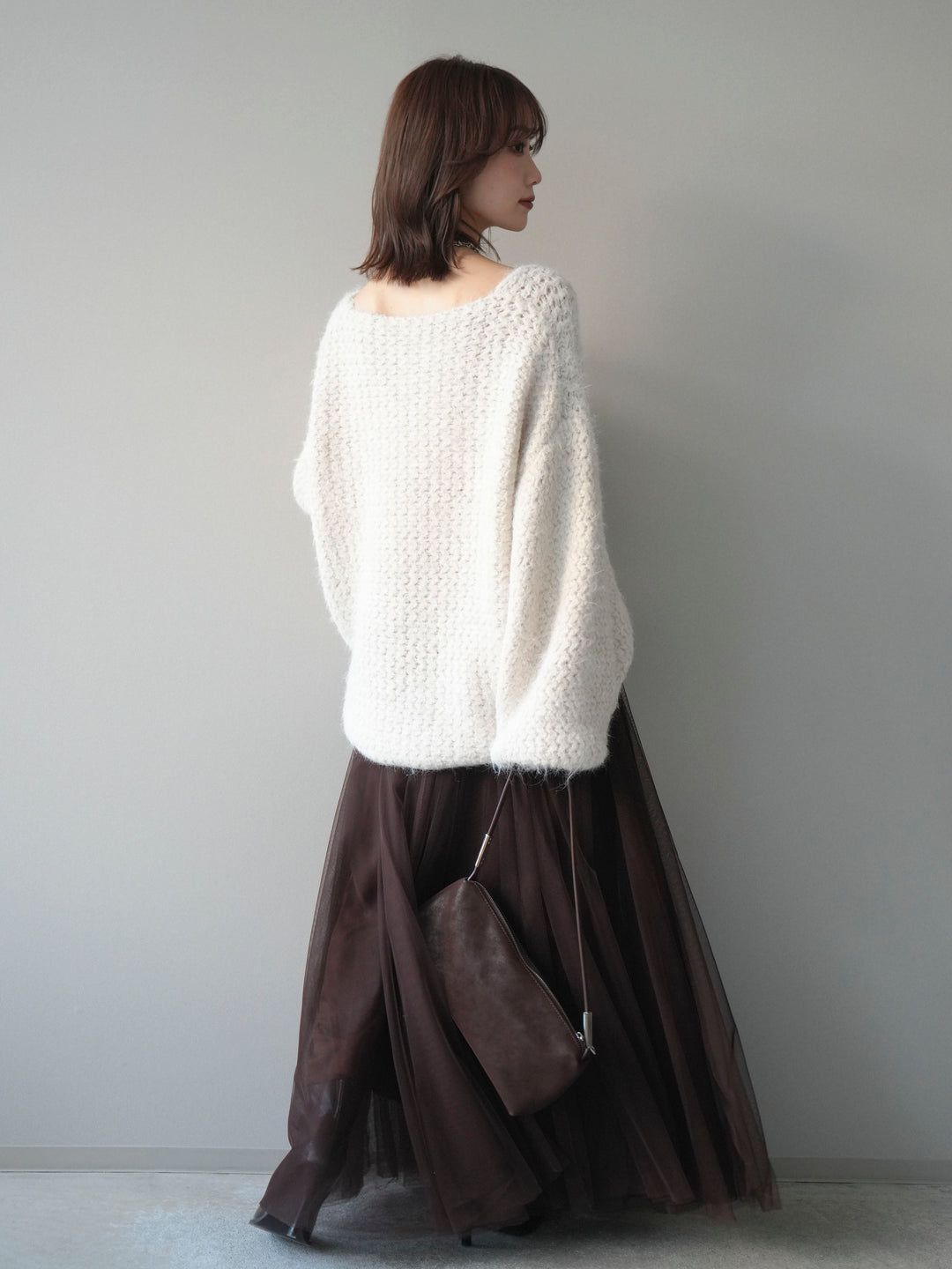 [SET]ウールタッチラメミックスヤーンVネックニットプルオーバー+チュールボリュームスカート(2set)