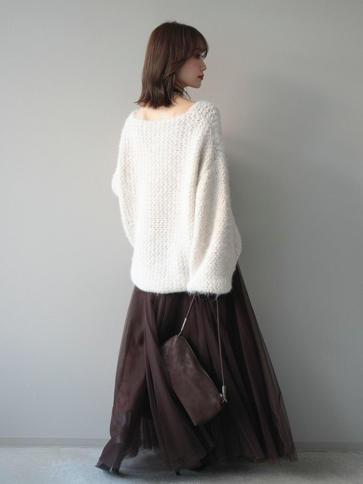 [SET]ウールタッチラメミックスヤーンVネックニットプルオーバー+チュールボリュームスカート(2set)