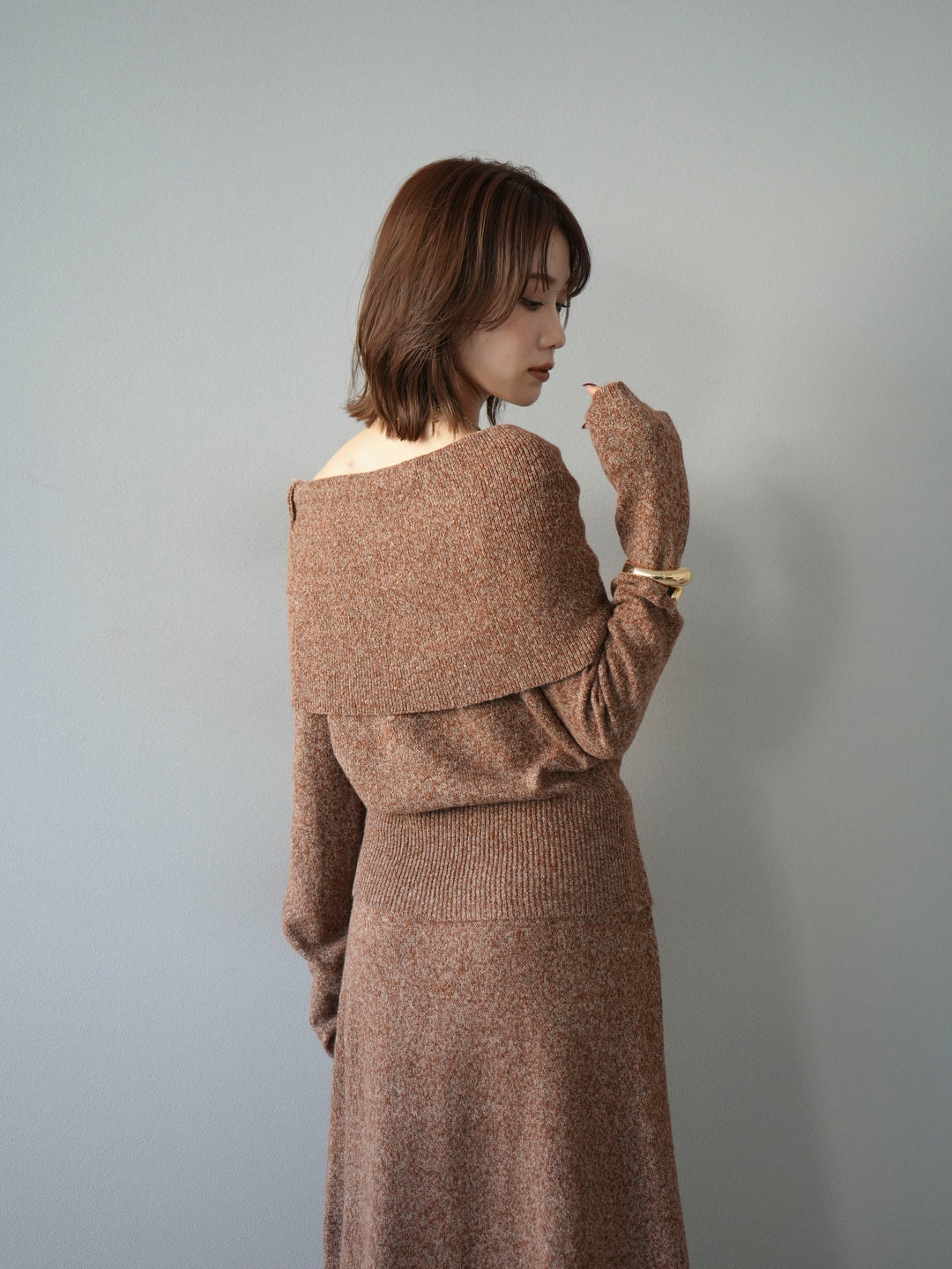 [予約]ミックスヤーンオフショルニットプルオーバー/オレンジ