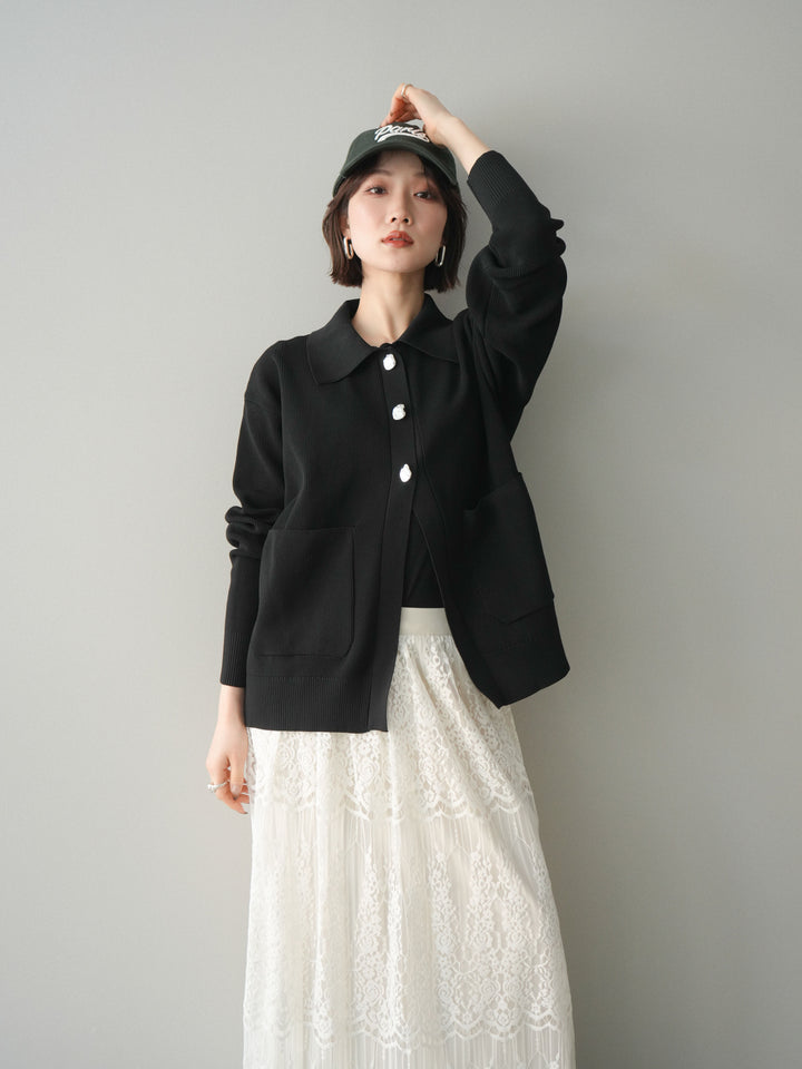 [予約]メタルボタン襟付きポリエステルニットカーディガン/black