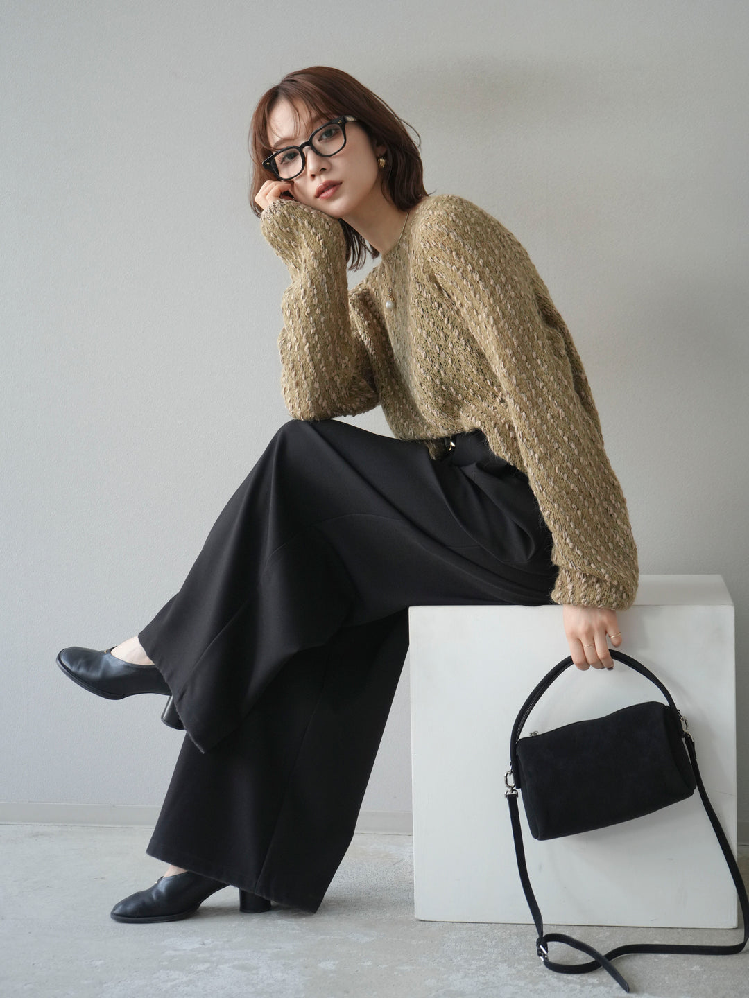 【着回しセット】[SET]求心柄クロップドニットカーディガン+異素材ミックスヤーンニットプルオーバー+ベルトループデザインワイドパンツ(3set)