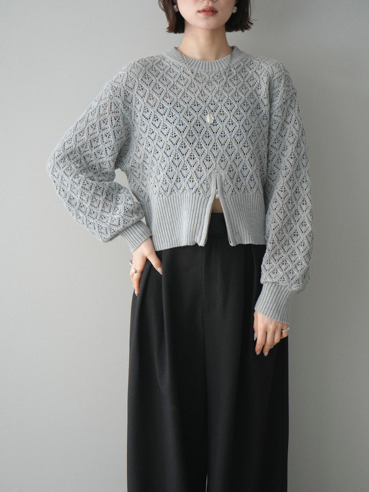 [予約]透かし編みフロントジップスリットニットプルオーバー/gray
