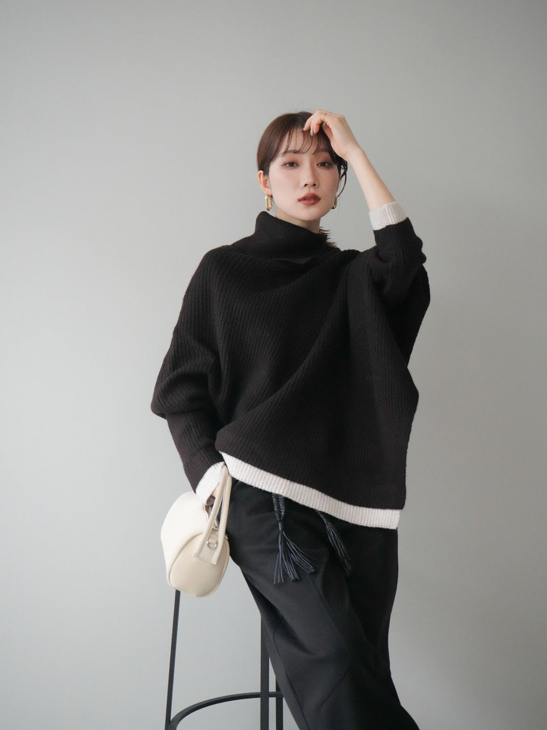 [予約]配色アシンメトリードルマンニットプルオーバー/brown