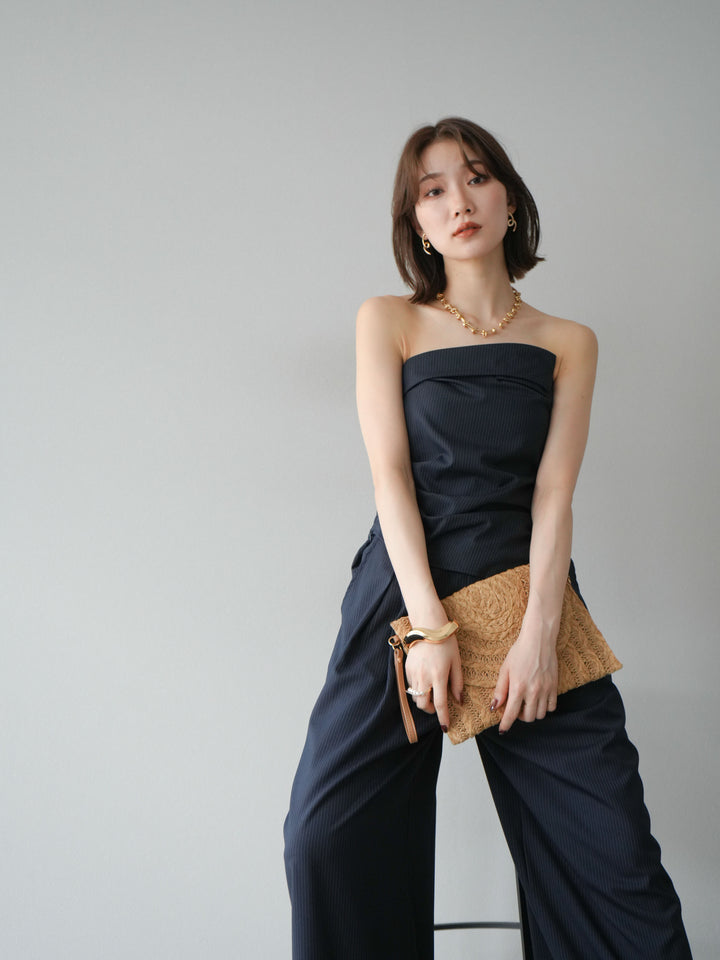 [SET] 條紋褶襉露肩上衣＆寬褲 SET UP (2set)