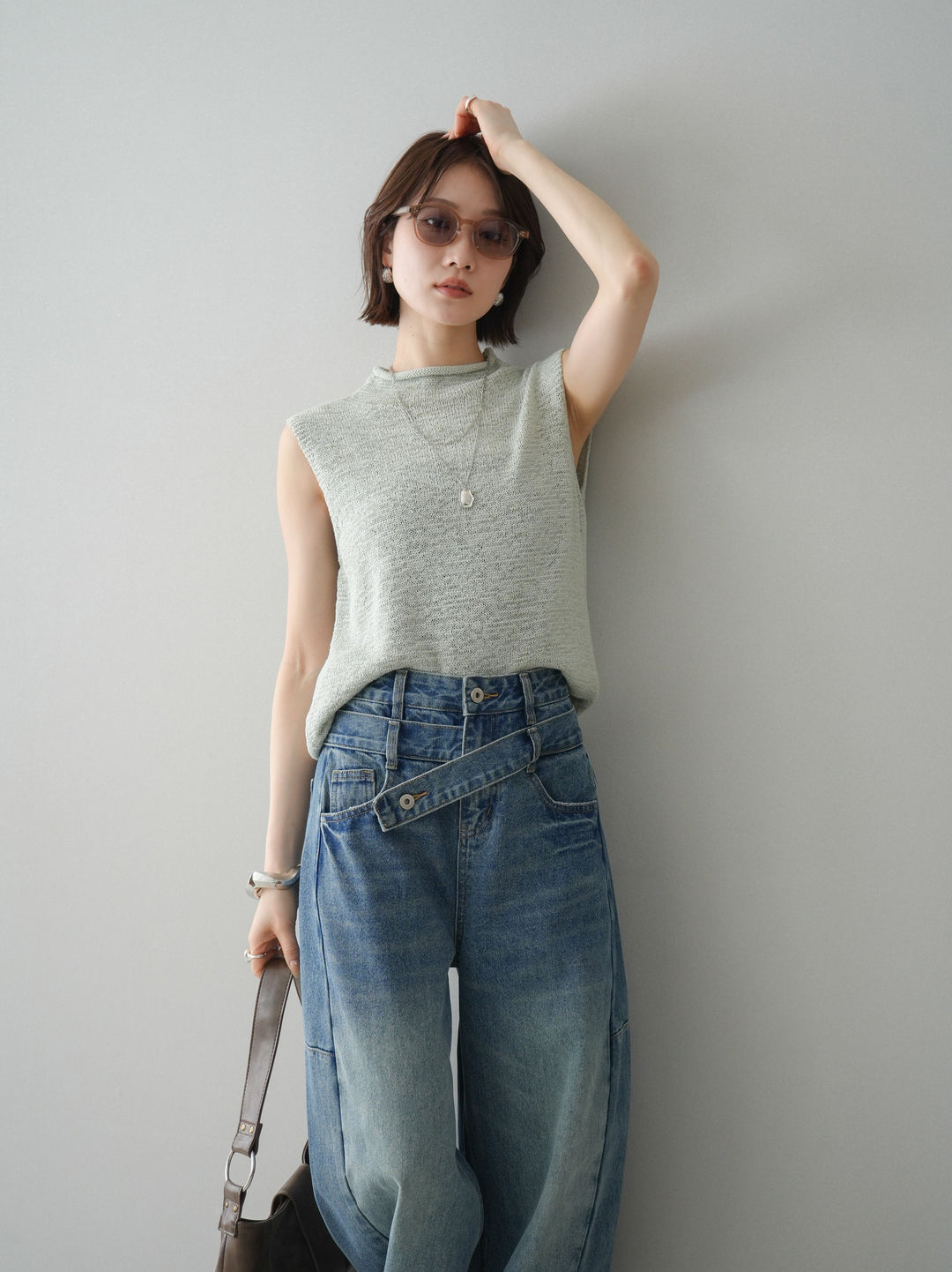 [予約]ノースリーブリネンタッチシアーニットプルオーバー/green