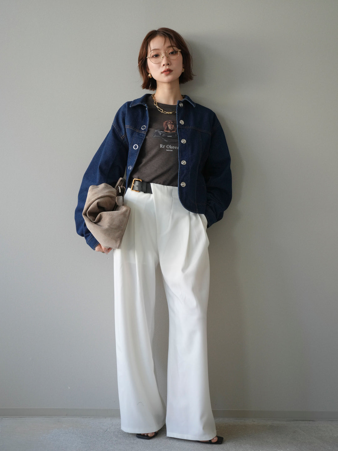 [SET]ラウンドカットコンパクトデニムジャケット+ドッグコンパクトTEE+アシンメトリーベルトタックワイドパンツ(3set)