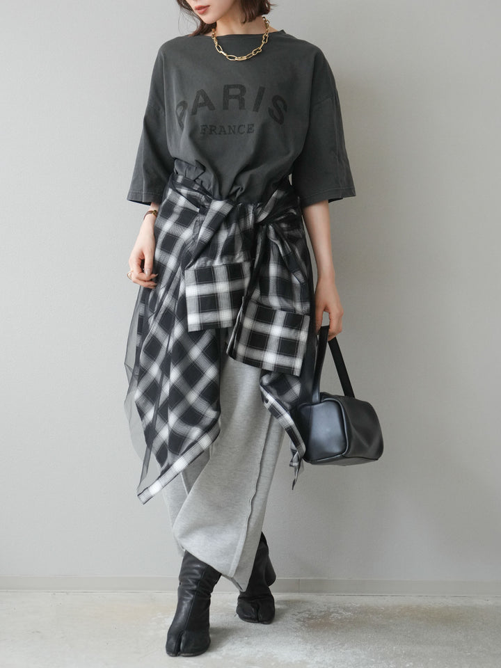 [SET]ピグメントロゴプリントTシャツ+2WAYデザインスウェットパンツ+チュールドッキングチェック柄オーバーサイズシャツ(3set)