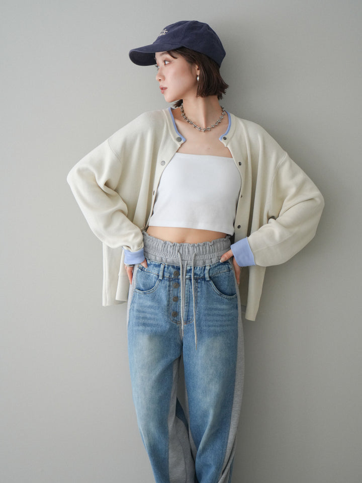 [SET]バイカラーオーバーニットカーディガン+デニム切替スウェットパンツ(2set)