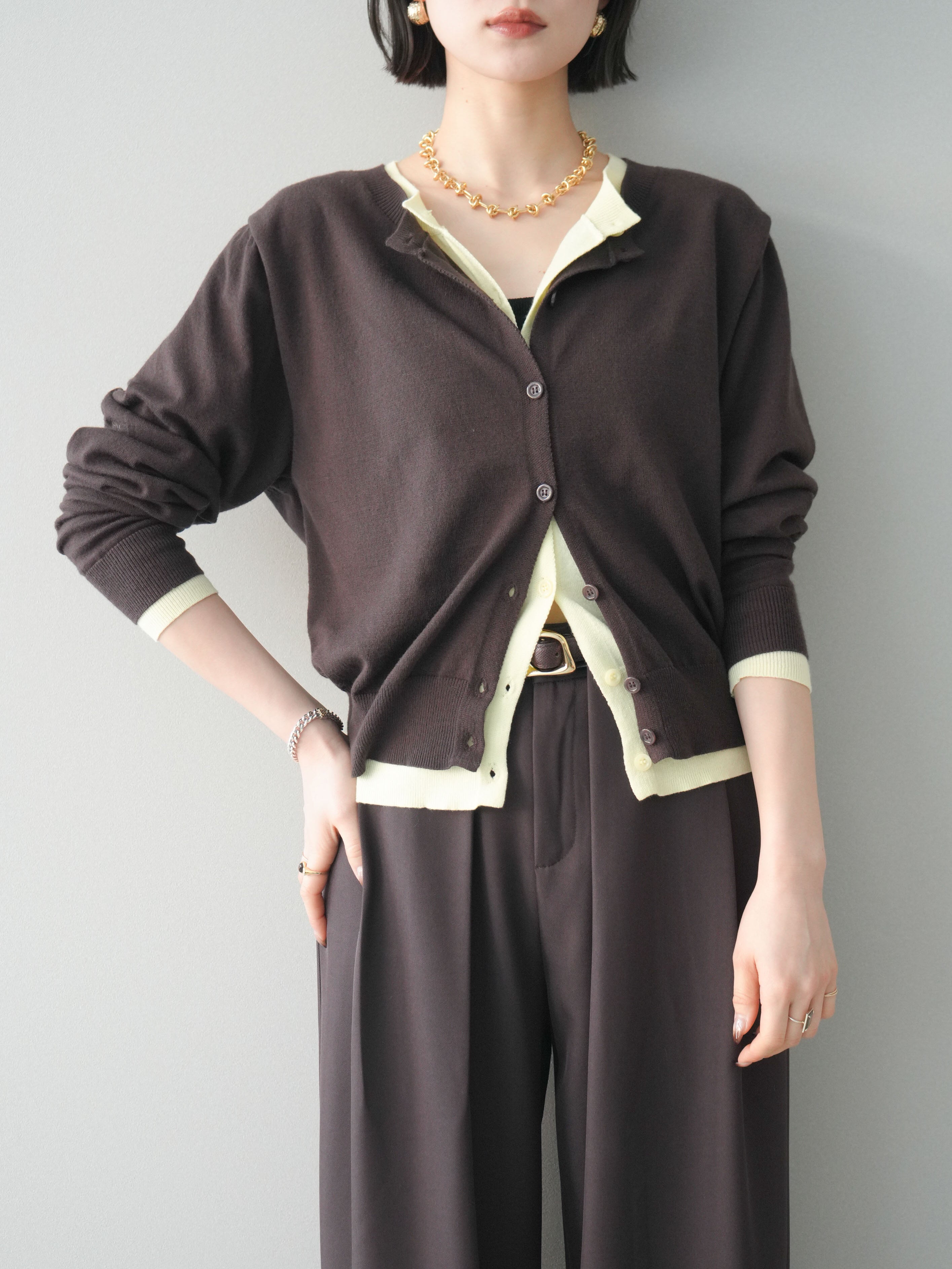 予約]配色レイヤードニットカーディガン/brown – Lumier