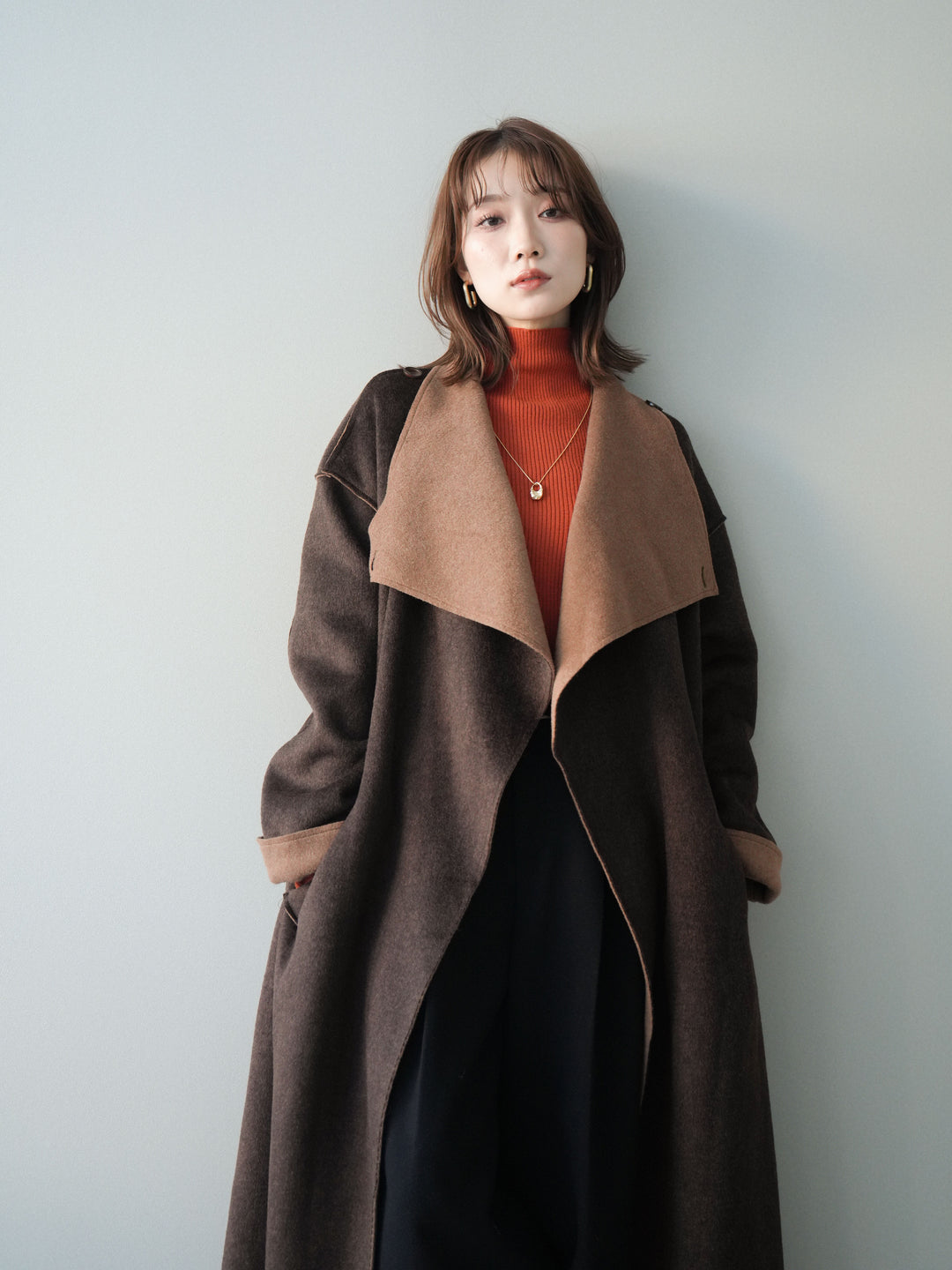 [予約]ダブルフェイスバイカラーロングコート/brown