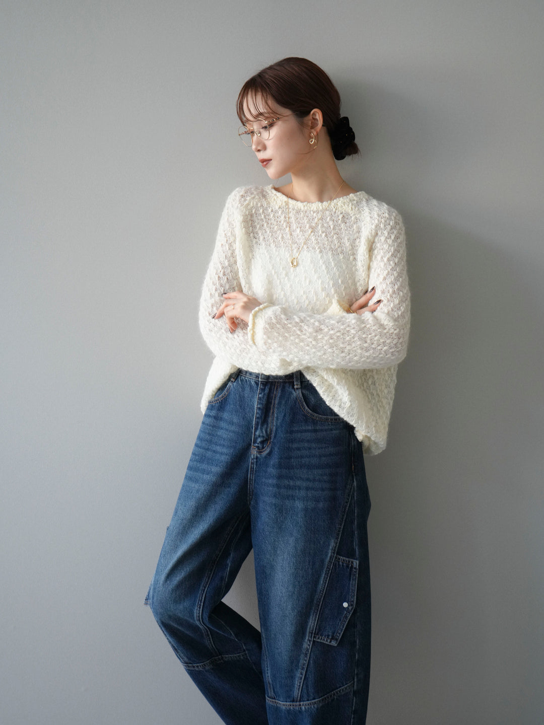 [予約]透かし編みモヘアタッチポコポコニットプルオーバー/ivory