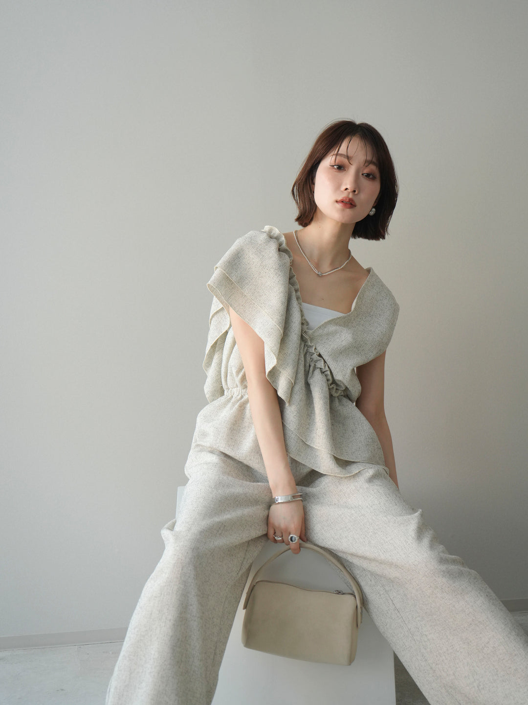 [SET]3WAYミックスツイードギャザーオールインワン+選べるアクセセット(2set)