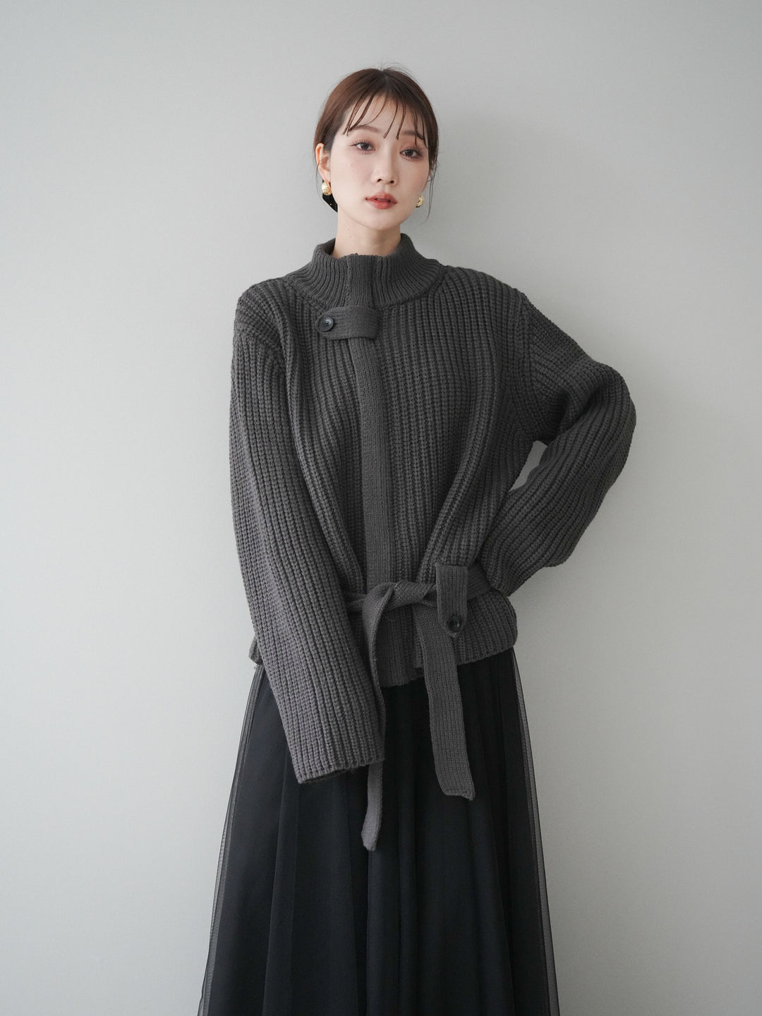 [SET]畦編みボトルネックZIPニットカーディガン+チュールボリュームスカート(2set)