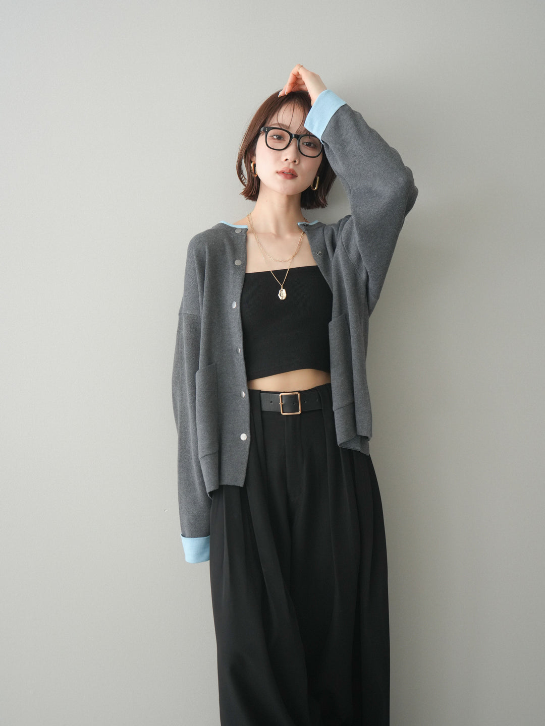 [SET]バイカラーオーバーニットカーディガン+タックベルトループワイドパンツ(2set)