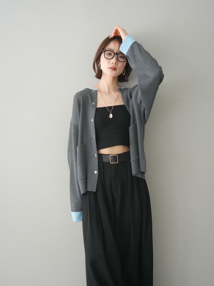 [SET]バイカラーオーバーニットカーディガン+タックベルトループワイドパンツ(2set)