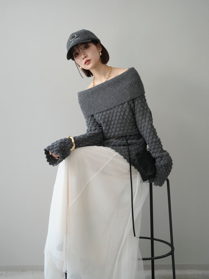 [SET]ポコポコ編みオフショルニットプルオーバー+チュールボリュームスカート(2set)