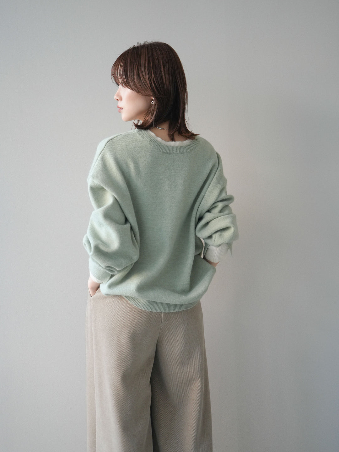 [SET]ヘンリーネック配色レイヤードニットプルオーバー+選べるアクセセット(2set)