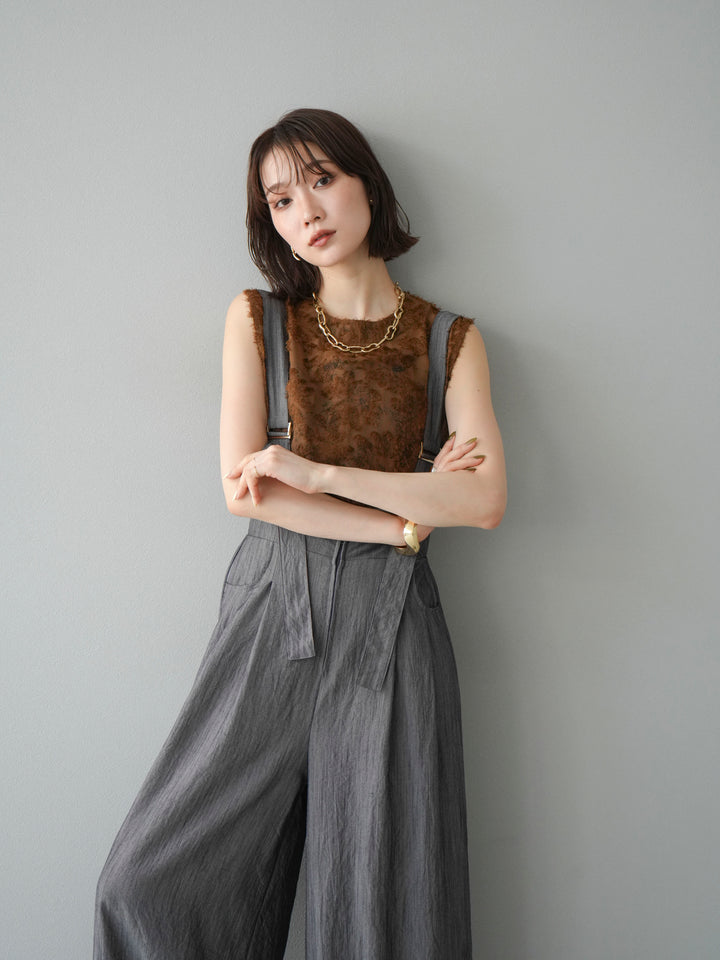 [SET]ストリングデザインハイウエストサロペット+ニュアンスフリンジジャガードノースリーブブラウス(2set)