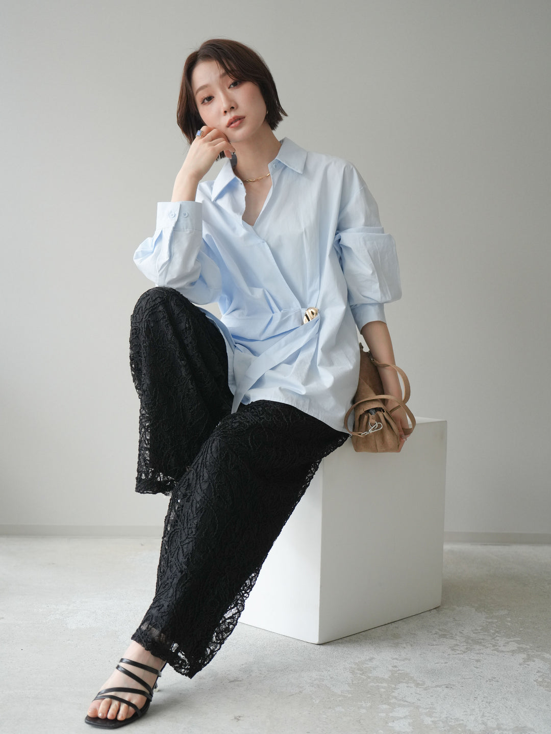 [SET]メタルパーツドレープシャツ+シアーコードレースイージーパンツ(2set)