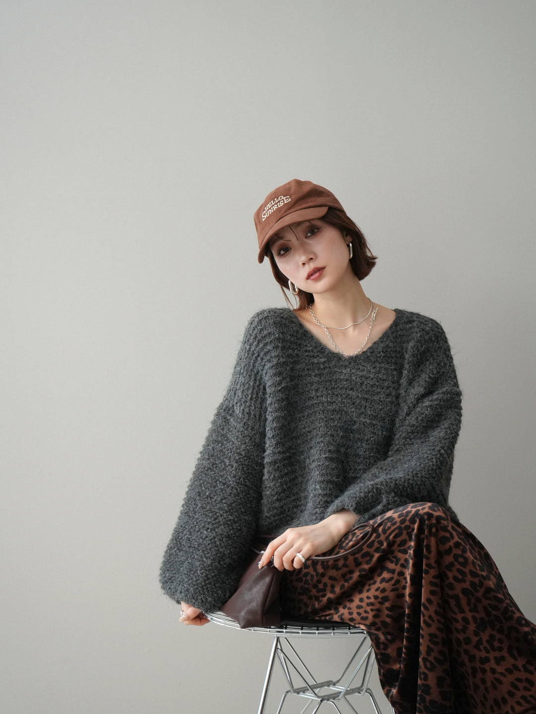 [予約]ワッフル編みシャギーニットプルオーバー/gray