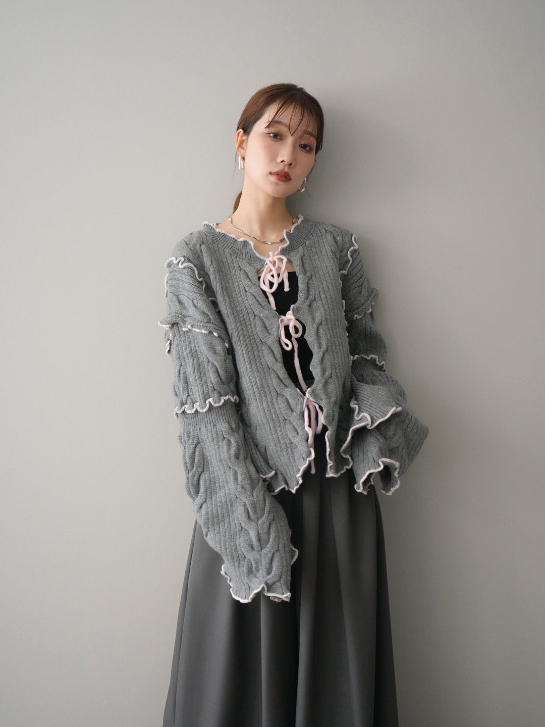 [SET]フロントリボン配色メローニットカーディガン+フロントリボン配色メローニットカーディガン(2set)