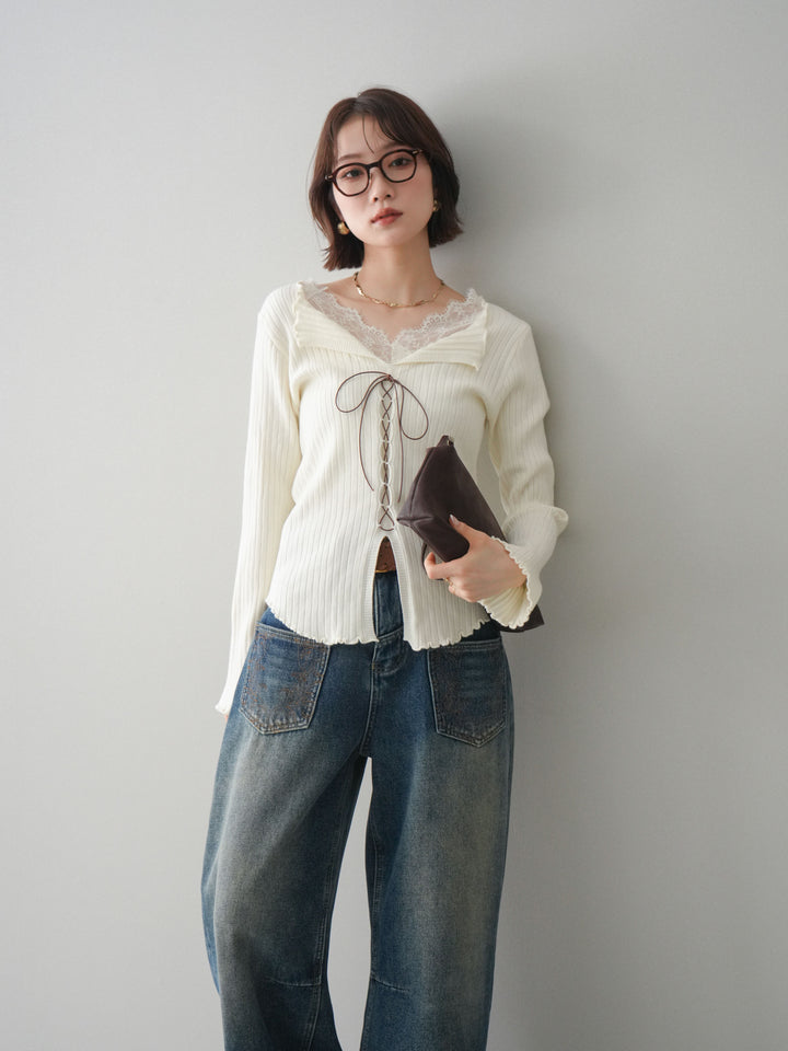[予約]レースネックレースアップリブニットトップス/ivory