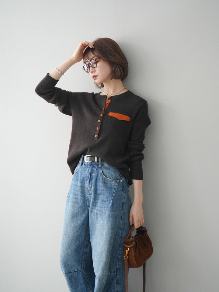 【預購】雙色拼接口袋亨利領針織衫/棕色