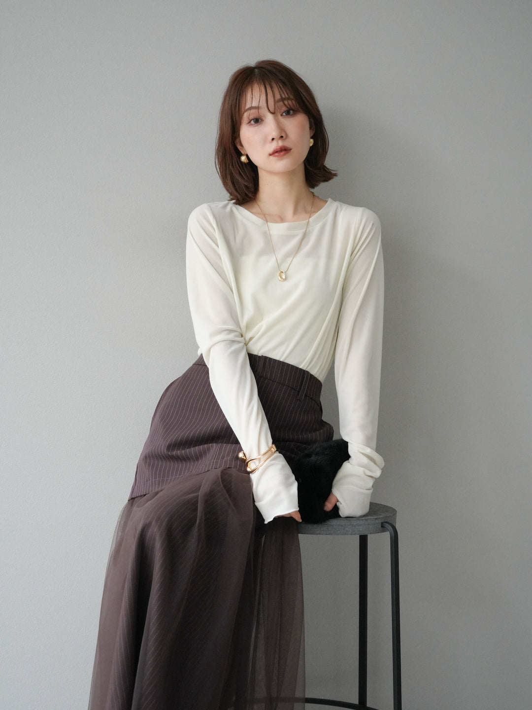 [予約]シアーベロアフィンガーホールトップス/アイボリー